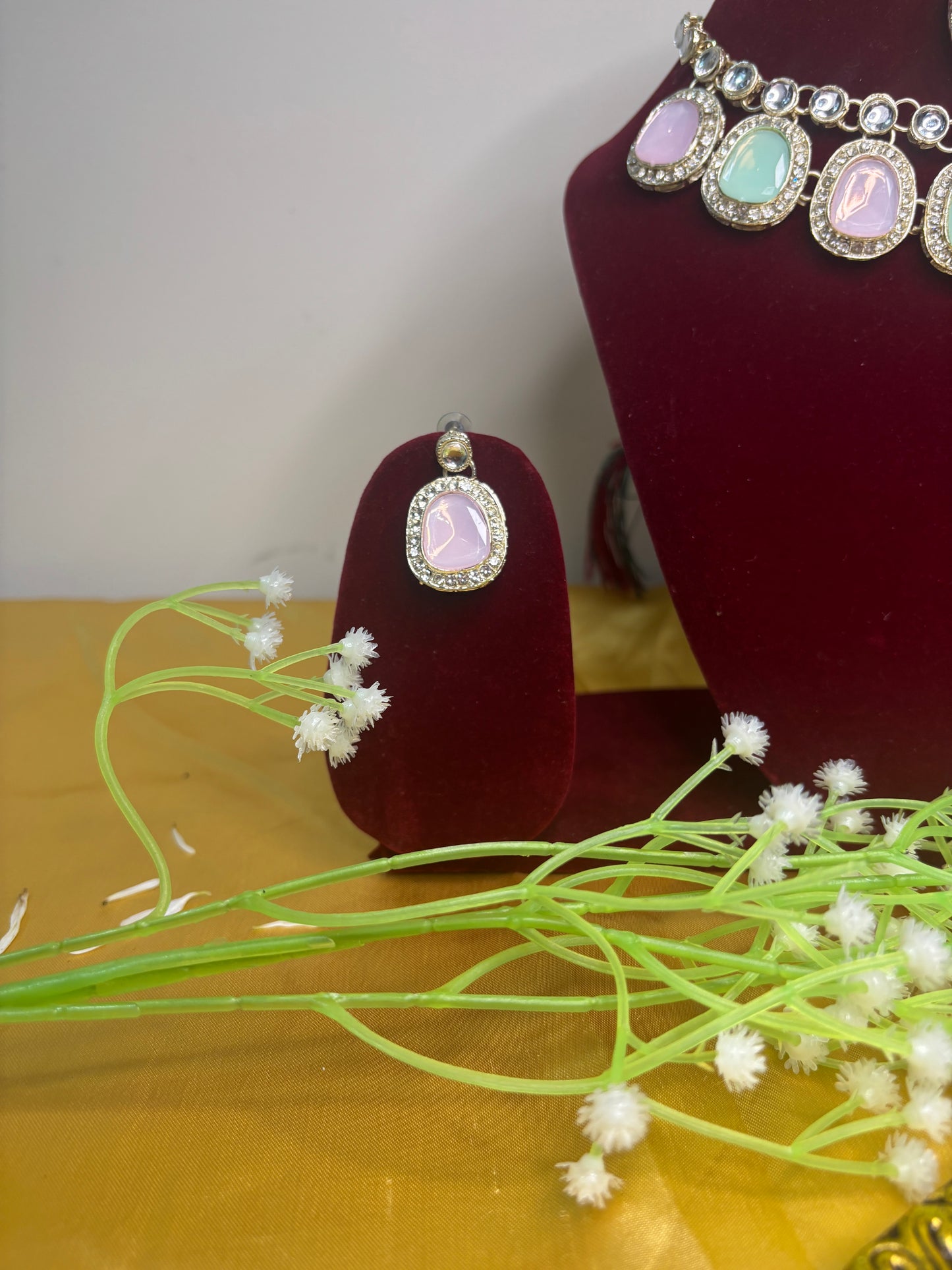 Pastel Green & Pink Stone Necklace Set with Earrings | Elegant Festive Jewellery