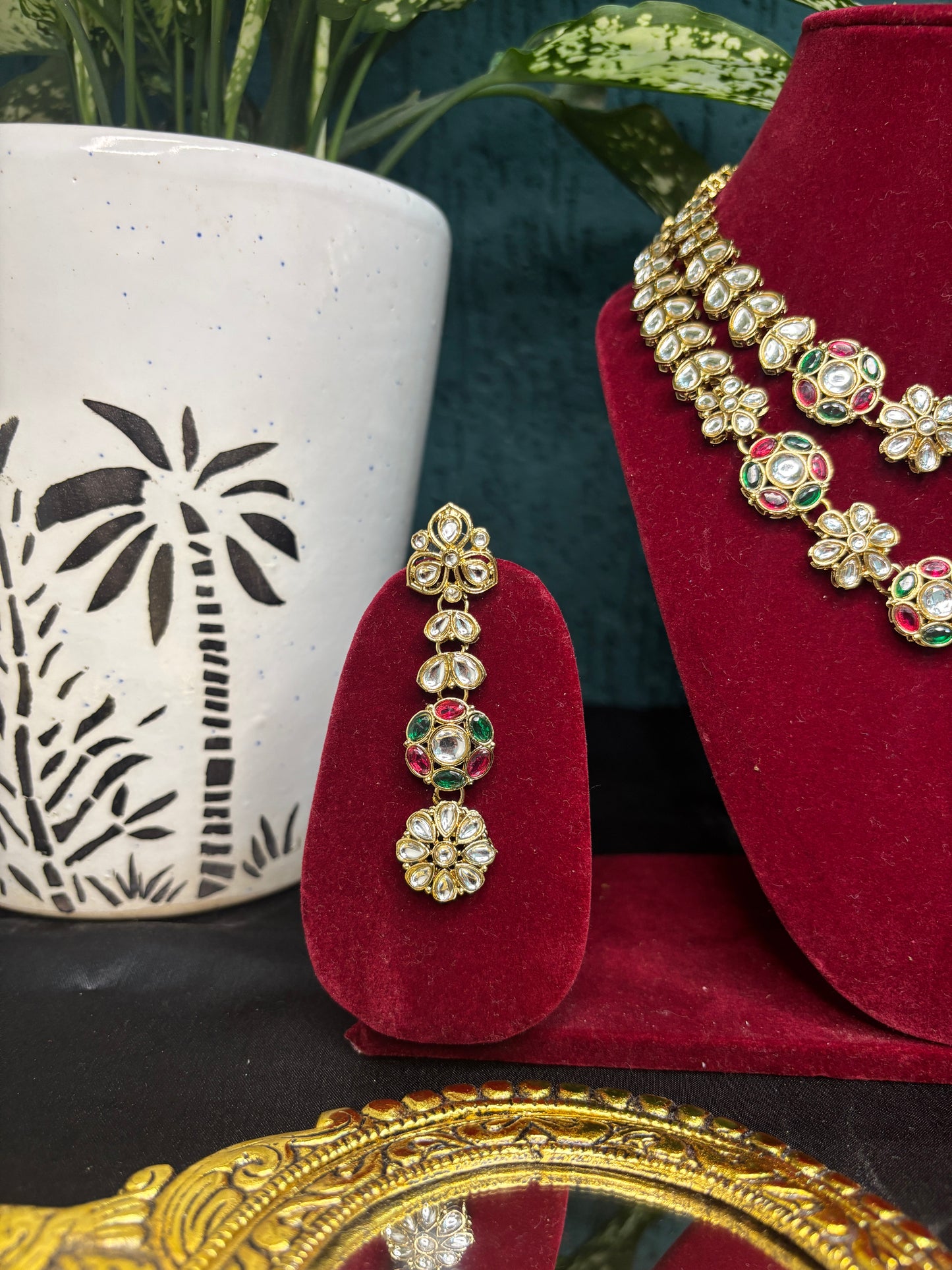 Double Layered Red & Green Necklace Set with Earrings and Maang Tikka | Elegant Party Wear Jewellery