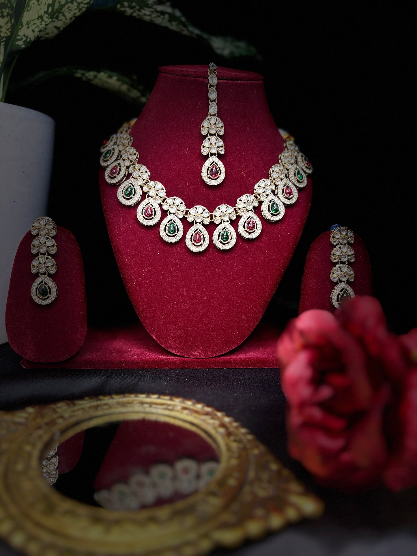 Red & Green Kundan Necklace Set with Earrings & Maang Tikka | Elegant Party Wear Jewellery