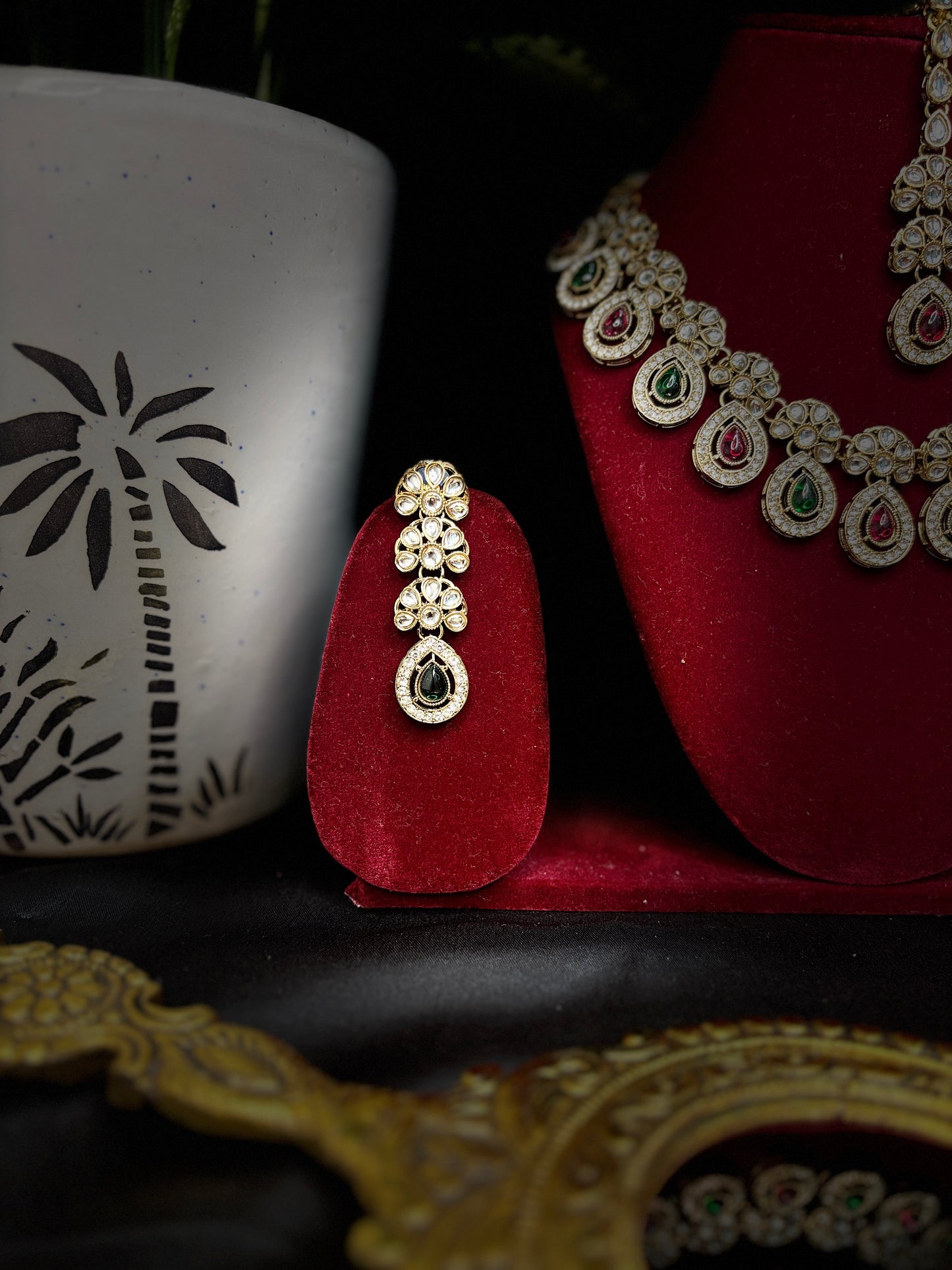 Red & Green Kundan Necklace Set with Earrings & Maang Tikka | Elegant Party Wear Jewellery