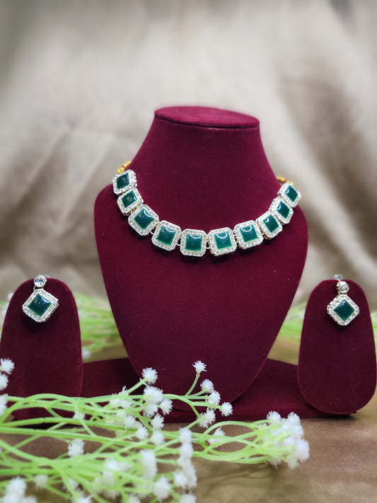 Green Square Stone Necklace Set with Earrings | Elegant Festive Jewellery