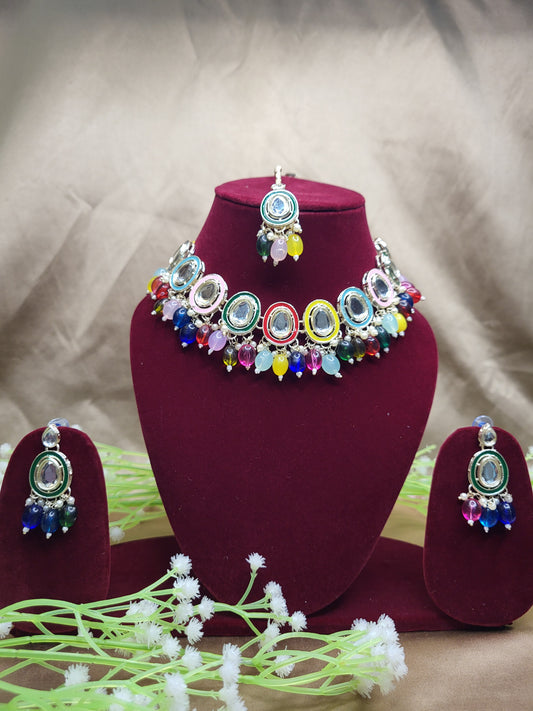 Multicolour Monalisa Drop Kundan Necklace Set with Earrings & Maang Tikka | Wedding & Party Wear