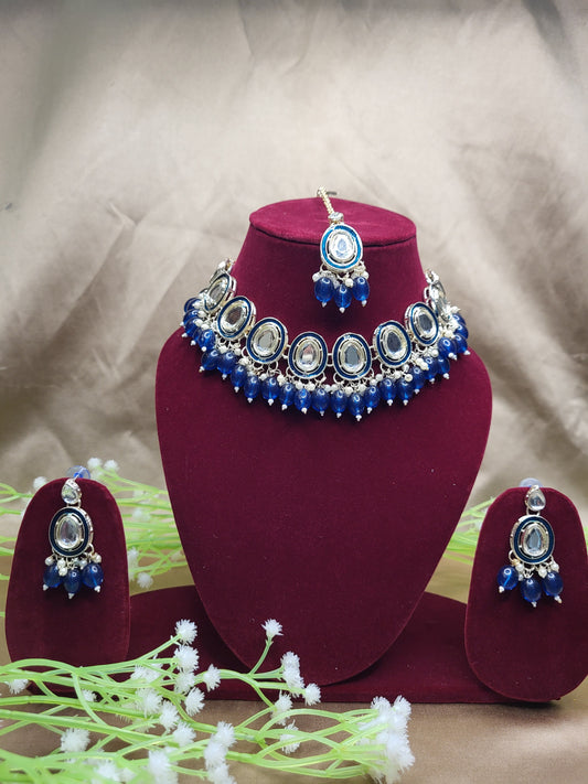 Blue Monalisa Drop Kundan Necklace Set with Earrings & Maang Tikka | Elegant Party Jewellery