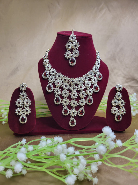 Red Stone Floral Necklace Set with Matching Earrings and Maang Tikka