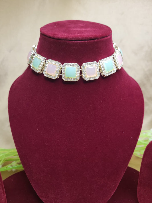 Multicolor Square Stone Necklace Set with Earrings | Festive Statement Jewellery