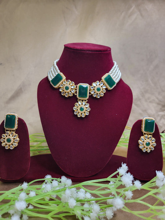 Green Kundan Pearl Necklace Set with Earrings