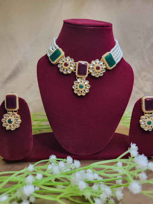 Red & Green Kundan Pearl Necklace Set with Earrings