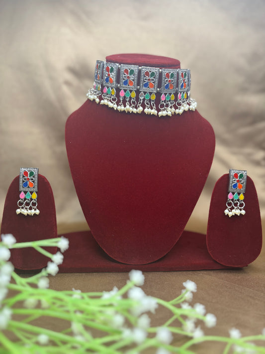 Oxidised Silver Multicolor Choker Necklace with Earrings