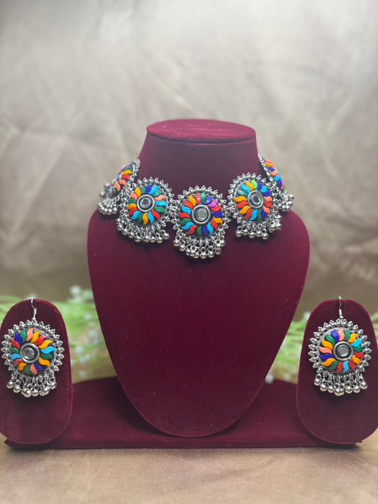 Multicolor Oxidised Necklace Set with Earrings
