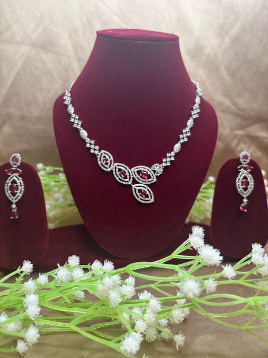 Silver Finish AD Necklace Set | Red & White Party Wear Jewellery for Women