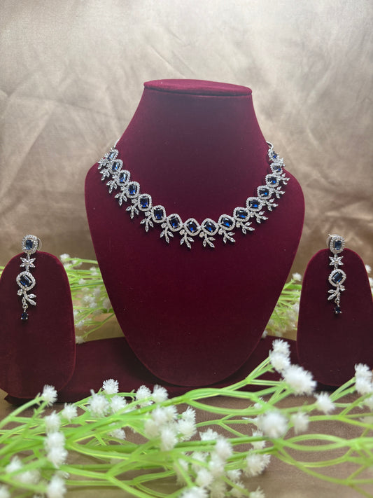 Elegant White & Blue AD Necklace Set with Earrings | Artificial Jewellery