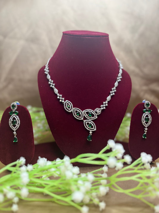 Elegant White & Green AD Necklace Set with Earrings | Artificial Jewellery