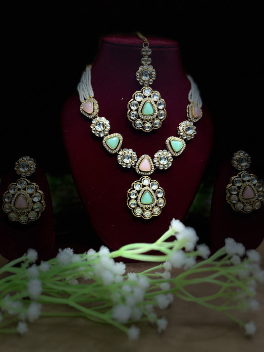 Pastel Green & Pink Kundan Necklace Set | Elegant Party Wear Jewellery
