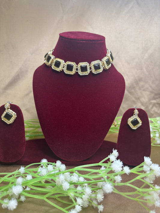 Mehndi Green Square Stone Necklace Set with Earrings | Elegant Festive Jewellery