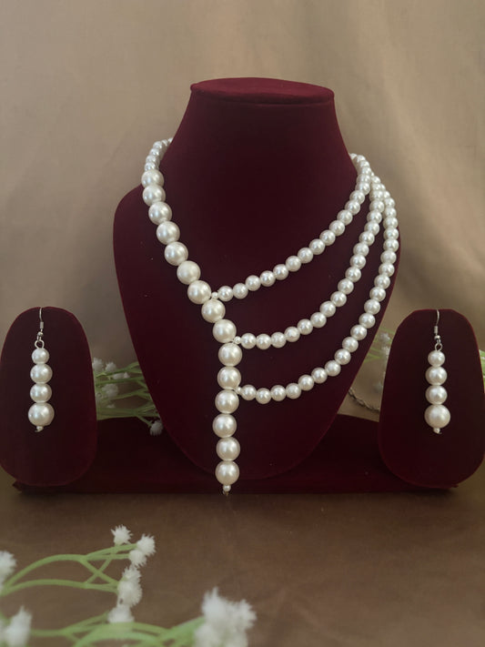 Layered Pearl Necklace Set with Statement Earrings