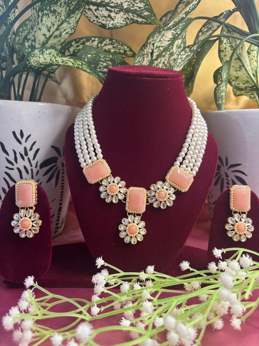 Peach Kundan Pearl Necklace Set with Earrings