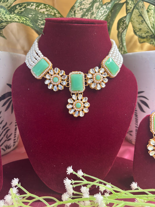 Pastel Green Kundan Pearl Necklace Set with Earrings