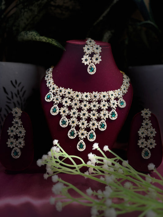 Elegant Green Stone Floral Necklace Set with Maang Tikka & Earrings
