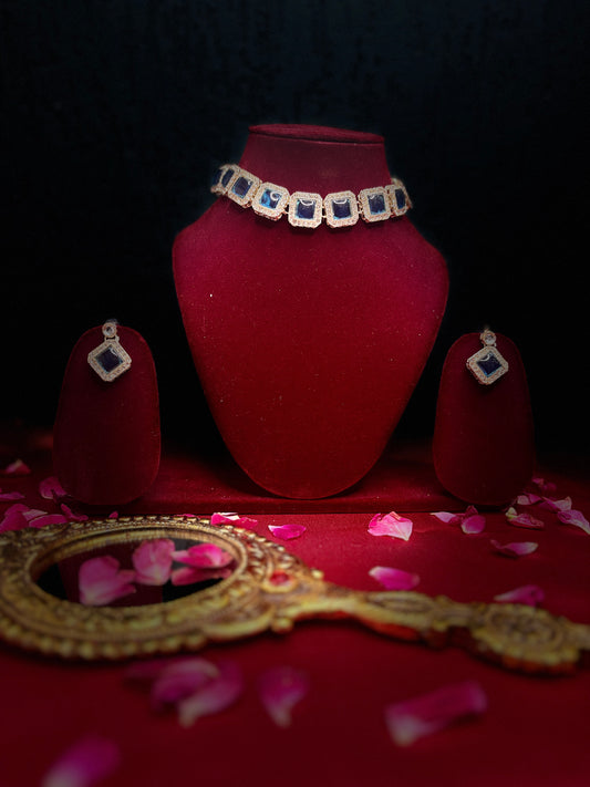 Blue Square Stone Necklace Set with Earrings | Elegant Festive Jewellery