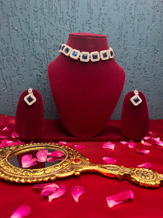 Blue Square Stone Necklace Set with Earrings | Elegant Festive Jewellery