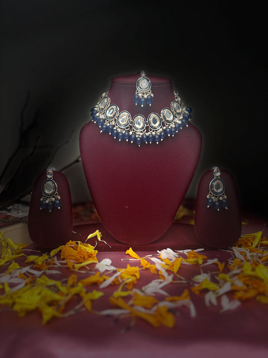 Blue Monalisa Drop Kundan Necklace Set with Earrings & Maang Tikka | Elegant Party Jewellery