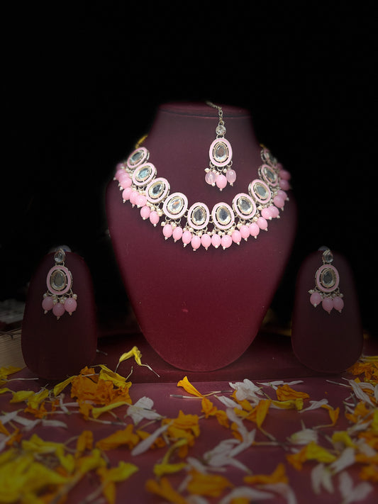 Pink Monalisa Drop Kundan Necklace Set with Earrings & Maang Tikka | Festive Jewellery