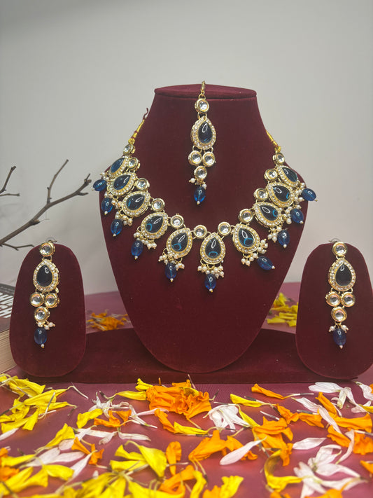 Kundan with Blue Monalisa Drop Jewellery Set | Necklace, Earrings & Maang Tikka