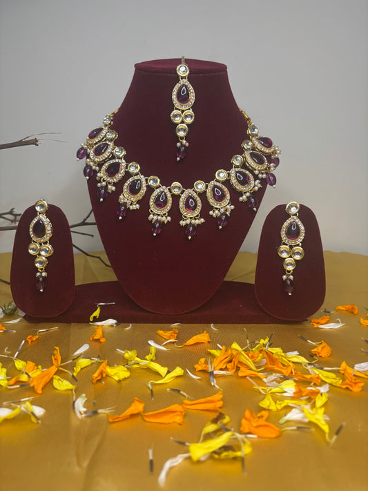 Kundan with Dark Pink  Monalisa Drop Jewellery Set | Necklace, Earrings & Maang Tikka