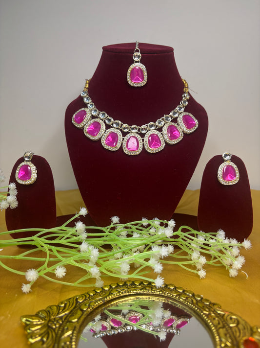 Pink Stone Necklace Set with Earrings | Elegant Traditional Jewellery