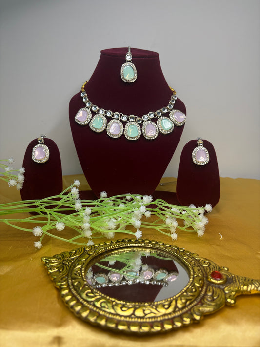 Pastel Green & Pink Stone Necklace Set with Earrings | Elegant Festive Jewellery