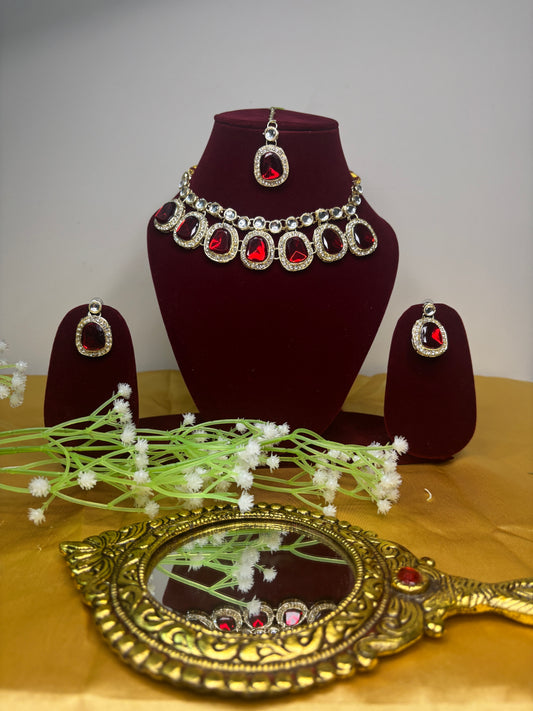 Red Stone Kundan Necklace Set with Earrings & Maang Tikka