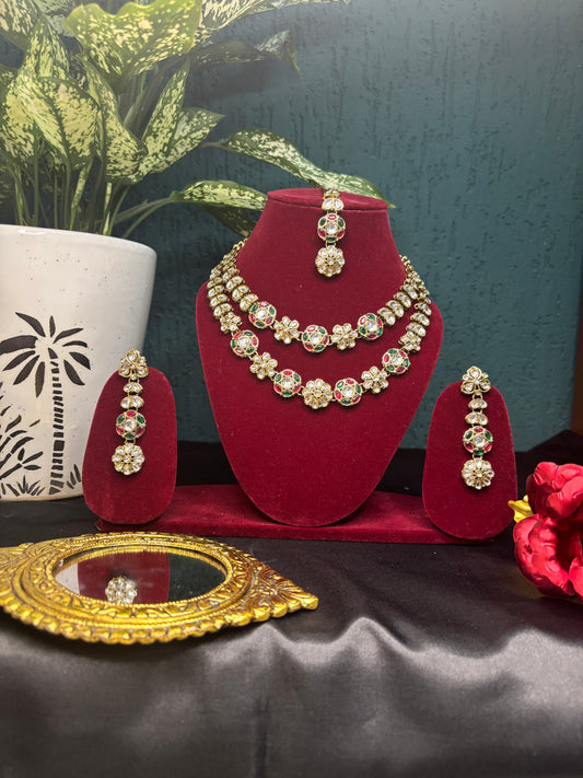 Double Layered Red & Green Necklace Set with Earrings and Maang Tikka |  Elegant Party Wear Jewellery