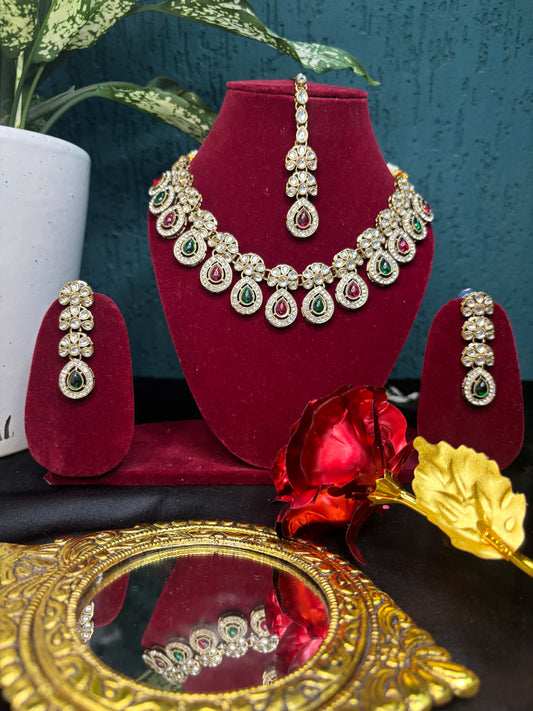 Red & Green Kundan Necklace Set with Earrings & Maang Tikka | Elegant Party Wear Jewellery